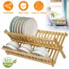 Bamboo Dish Drying Rack 2-Tier Foldable Dish Drainer Kitchen Plate Utensil Rack Holder Dish Tableware Drainer