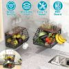 2Pcs Stackable Fruit Baskets For Kitchen Wall Mounted Hanging Basket With Wood Lid 4 Banana Hooks Potato and Onion Storage Bin Kitchen Organizers for
