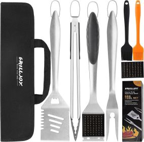 Grilljoy 8PCS Heavy Duty BBQ Grill Tools Set With Extra Thick Stainless Steel Spatula, Fork, Tongs & Cleaning Brush - Complete Barbecue Accessori (Option: Black-Premium Stainless Steel)