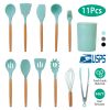 11Pcs Silicone Cooking Utensil Set Heat Resist Wooden Handle Silicone Spatula Turner Ladle Spaghetti Server Tongs Spoon Egg Whish Kitchenware Set w/ H